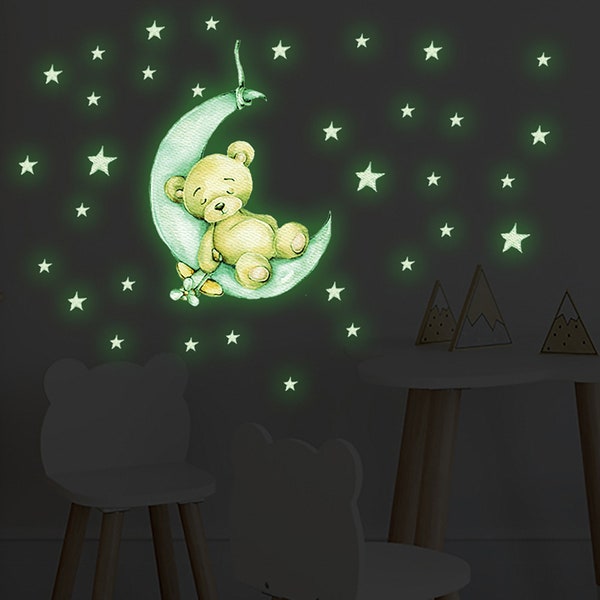 Lichtgevende maan sterren beer muurstickers, kinderkamer fluorescerende stickers, muurdecoratie stickers