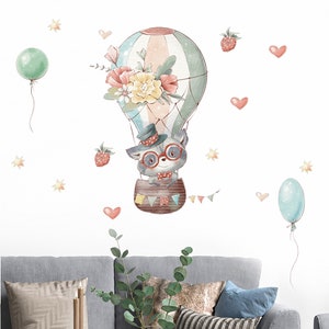 Cartoon raccoon, hot air balloon strawberry wall stickers, children's room, kindergarten walls, beautifying stickers, removable stickers