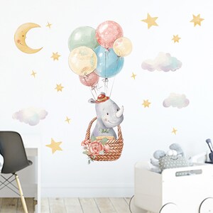 Globos de colores de dibujos animados, pegatinas de pared de rinoceronte, pegatinas removibles, habitación de niños, pared de jardín de infantes, pegatinas de porche