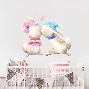 Dos lindos conejos, pegatinas de pared, decoración de la pared de la habitación de los niños.