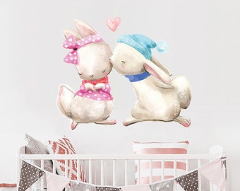 Two cute rabbits, wall stickers, children's room wall decoration