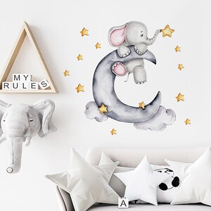 Cartoon moon stars small elephant wall stickers self-adhesive, ins style children's room wall decoration stickers