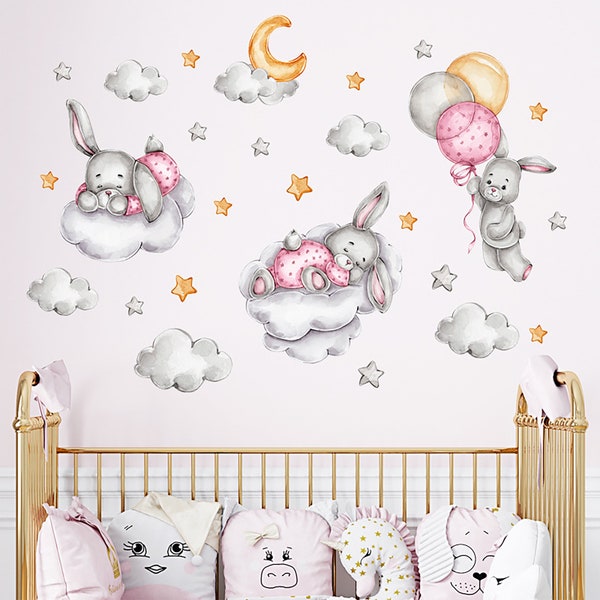 Sleeping Bunny Wall Decal, Moon Bunny, White Cloud Decal, Pink Balloon Decal , Decorating Nursery, Wall Decal, Kids & Gifts
