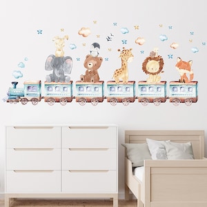 Cartoon cute animals, elephant giraffe train wall stickers, children's room decoration zdjęcie 3
