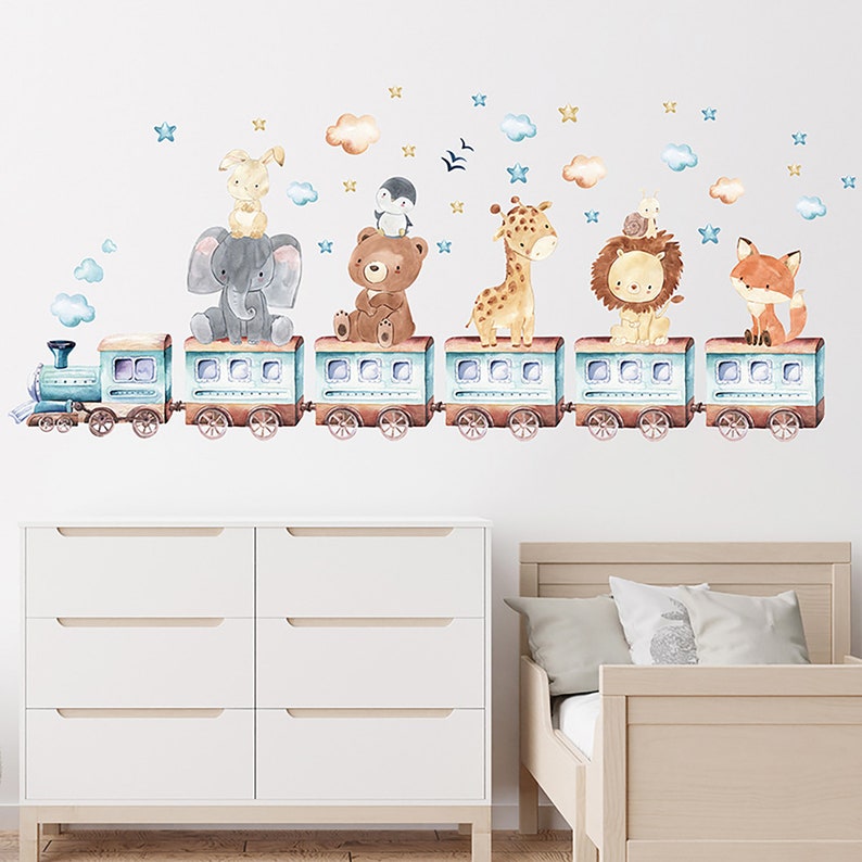 Cartoon cute animals, elephant giraffe train wall stickers, children's room decoration zdjęcie 3