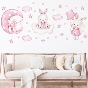 Pink bunny wall decal, cartoon wall decal, self adhesive wall wall decal, star decal, bedroom wall decal, girl wall decal, boho wall decal