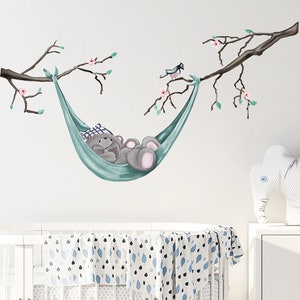 Cartoon branch hammock sleeping bear wall stickers self-adhesive, ins creative children's bedroom creative cartoon animal stickers