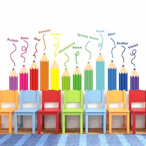 Color pencils, English word wall stickers, children's room background wall, decorative wall stickers, self adhesive wall stickers