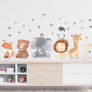Dibujos animados elefante león jirafa, estrellas y luna, pegatinas de pared autoadhesivas, decoración de la habitación de los niños pegatinas de pared