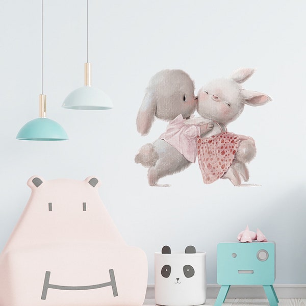 Two bunny babies hug self-adhesive wall stickers, creative children's bedroom cartoon animal stickers