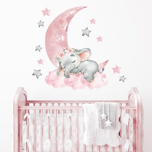Pegatinas de pared con elefante dormido, estrellas y luna rosa, pegatinas de decoración de pared para habitación de niños con dibujos animados