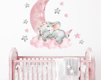 Pegatinas de pared de elefante durmiente de estrellas de luna rosa, pegatinas de decoración de pared de habitación de niños de dibujos animados