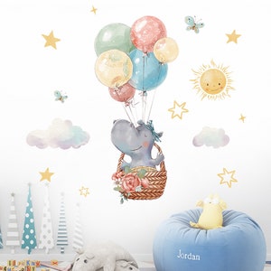 Colorful balloons, flower basket hippo wall stickers, removable stickers, children's room, bedroom decorative stickers, cartoon stickers