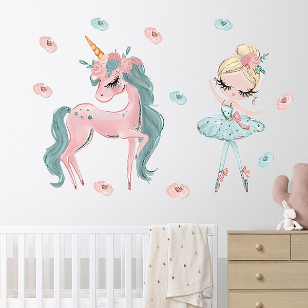 Cartoon Cyan Unicorn Ballerina girl, wall stickers children's room decoration