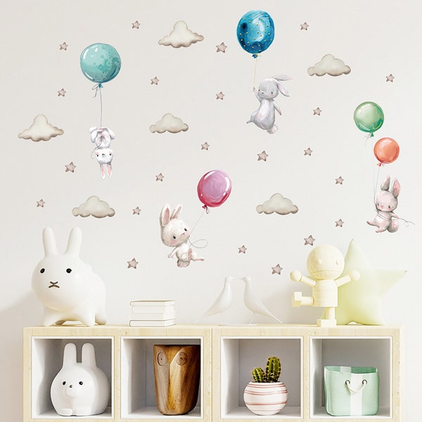 Cartoon clouds and stars, rabbit balloons wall stickers, children's room wall stickers, children's Day gifts