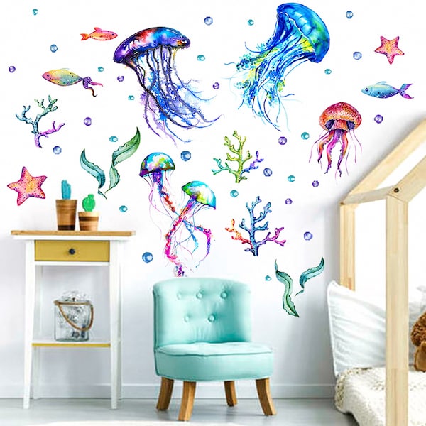 Underwater world, jellyfish starfish wall stickers, living room bedroom, children's room background, wall decoration wall stickers