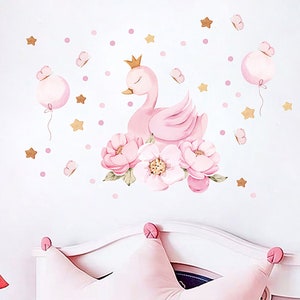 Cartoon pink swan crown balloon wall stickers, children's bedroom kindergarten wall decoration stickers
