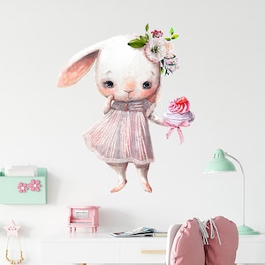 Pegatinas de pared autoadhesivas con diseño de conejo y ramo de acuarela de dibujos animados para decoración de habitación infantil