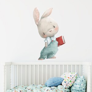Libros de acuarela de dibujos animados animales de conejo, pegatinas de pared autoadhesivas, decoración de la habitación de los niños