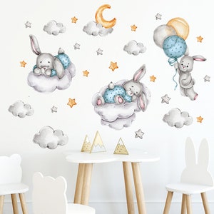 Pegatinas de pared decoración de la habitación de los niños, dibujos animados 3 conejos nube globo pegatinas de pared