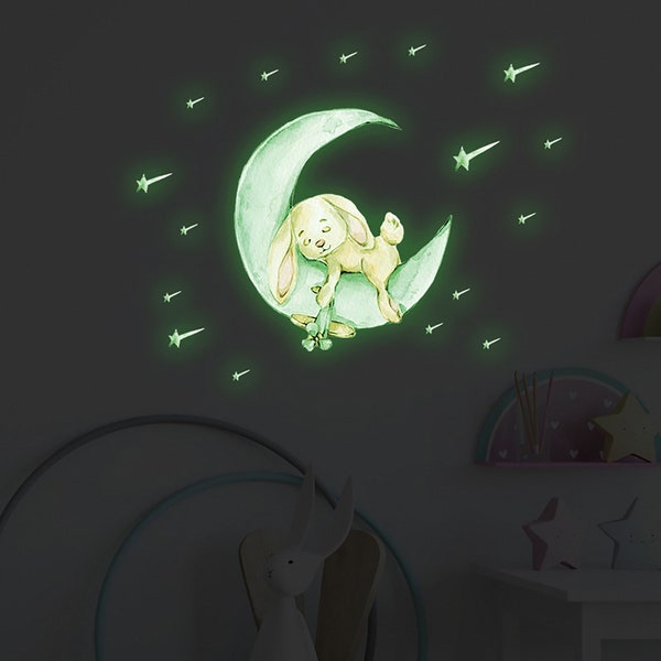 Lichtgevende maan sterren konijntje muurstickers groothandel, kinderkamer fluorescerende stickers