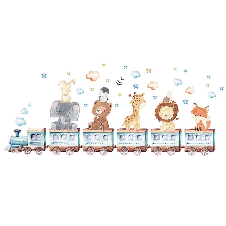 Cartoon cute animals, elephant giraffe train wall stickers, children's room decoration zdjęcie 6