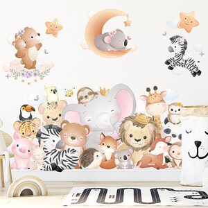 Animales de dibujos animados, decoración de la habitación de los niños, pegatinas dormitorio, fondo de sofá, papel de pared león elefante, pegatinas pegatinas de pared de estrellas