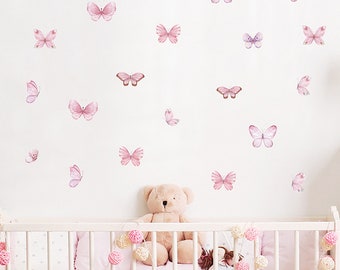 Pegatinas de pared voladoras de mariposa rosa acuarela, pegatinas de decoración de pared de habitación infantil autoadhesivas