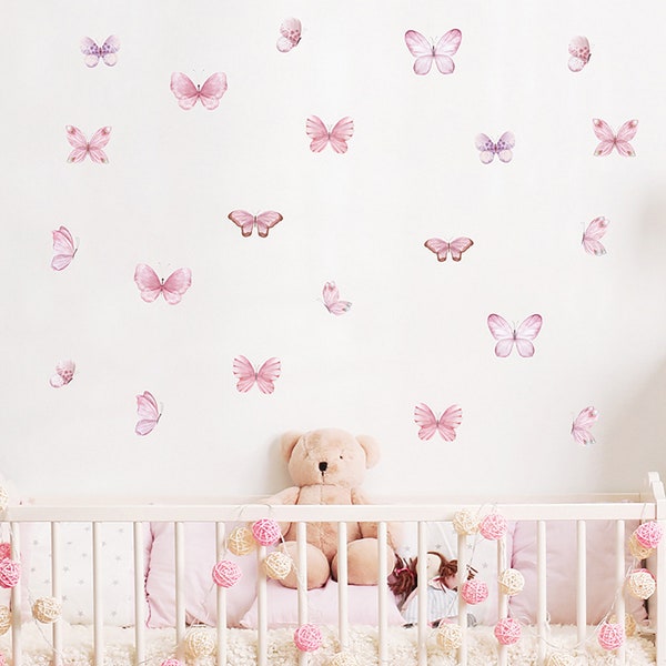 Aquarel roze vlinder vliegende muurstickers, kinderkamer wanddecoratie stickers zelfklevend