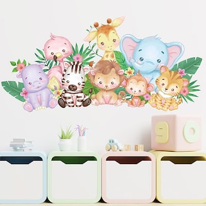 Acuarela de dibujos animados, pegatinas de pared de animales lindos, pegatinas de decoración de pared de jardín de infantes para dormitorio infantil