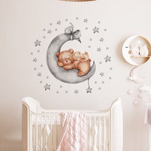 ins wind cartoon bear on the moon sleeping wall stickers self-adhesive, children's room wall decoration