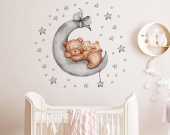 ins wind cartoon bear on the moon sleeping wall stickers self-adhesive, children's room wall decoration