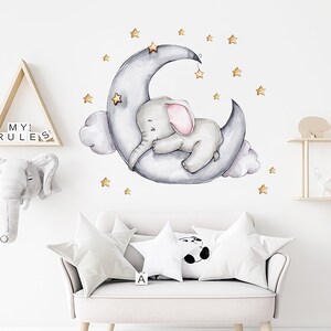 Moon wall decal, cartoon sleeping elephant wall decal, self adhesive wall wall decal, star decal,kids wall decal, nursery wall decal