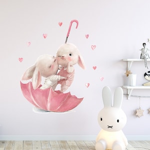 Umbrella two cute bunny baby, cartoon wall stickers, ins style children's room wall decoration