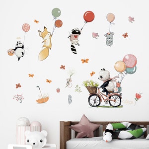 Cartoon animal balloons, panda bike riding, wall decoration, bedroom living room, background wall stickers, translucent stickers