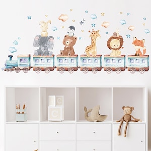 Cartoon cute animals, elephant giraffe train wall stickers, children's room decoration zdjęcie 4