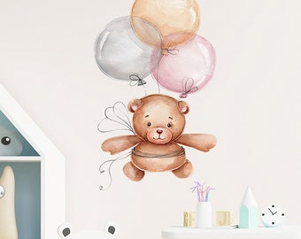 Autocollants muraux d'ours en ballon volant de dessin animé, décoration d'autocollants muraux de chambre d'enfants