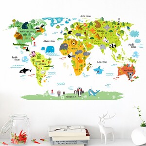 Mapa de viaje de animales de dibujos animados, pegatinas de pared para decoración del hogar, dormitorio infantil, pegatinas de fondo de estudio