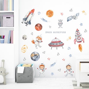 Dibujos animados nave espacial cohete astronauta pegatinas de pared autoadhesivas, pegatinas de pared decorativas para habitación de niños