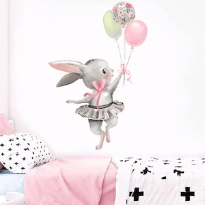 Globo de ballet pegatinas de pared de conejo gris autoadhesivas, pegatinas de decoración de pared de habitación de niños de dibujos animados