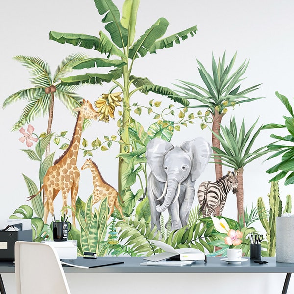 Plant wall stickers, sofa bedroom background stickers, tropical rainforest stickers, elephant giraffe wall stickers, kindergarten stickers