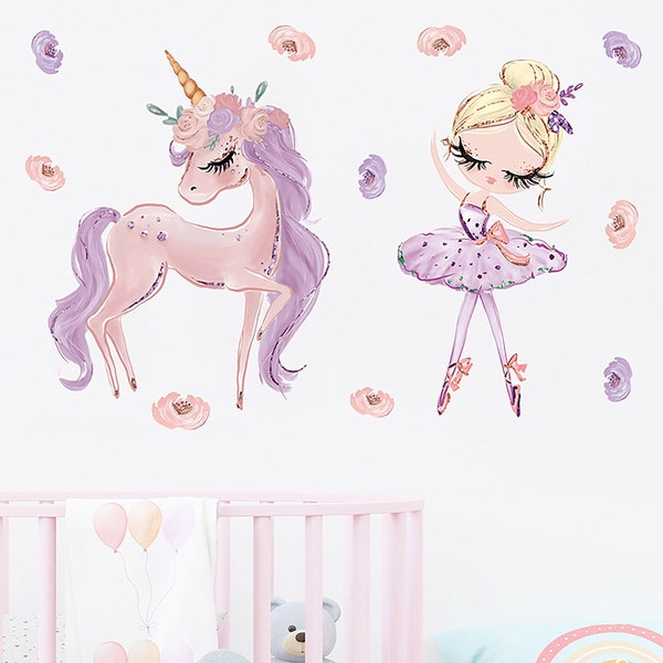 Cartoon lavender, Unicorn Ballerina girl wall stickers, paper children's room decor