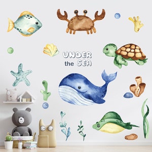 Tortuga ballena de dibujos animados, habitación infantil de jardín de infantes, pegatinas decorativas para baño, pegatinas de pared impermeables