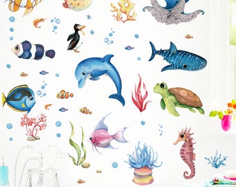 Stickers muraux tortue poisson tropical dessin animé, stickers décoration maternelle, stickers chambre bébé salle de bain