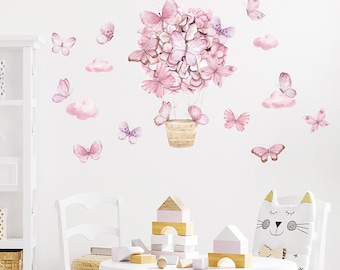 Cartoon pink butterfly hot air balloon wall stickers, children's room decoration wall stickers