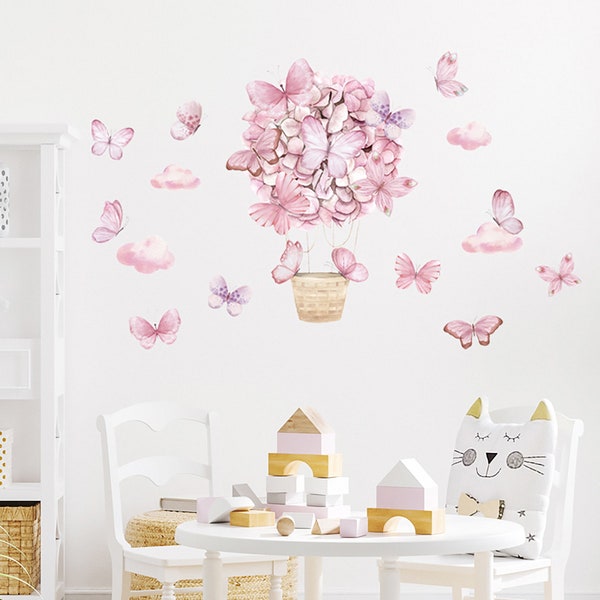 Autocollants muraux de ballon à air chaud papillon rose dessin animé, autocollants muraux de décoration de chambre d'enfants