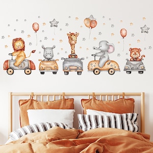 ライオン、ゾウ、キリンの電車のウォールステッカー、男の子の赤ちゃんのウォールデカール、ボヘミアンのウォールデカール、子供のウォールデカール、保育園のウォールデカール