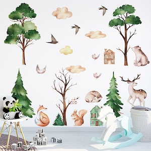 Pegatinas de pared de bosque de animales de dibujos animados, decoración de pared de jardín de infantes, pegatinas de pared de dormitorio de bebé, pegatinas translúcidas