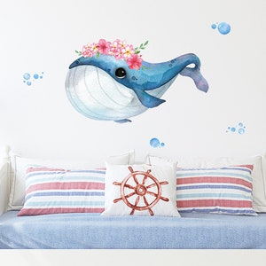 Ballena azul de dibujos animados, pegatinas de pared de animales marinos de peces, decoración de pegatinas de pared de habitación infantil