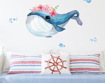 Cartoon blue whale, fish sea animal wall stickers, children's room wall stickers decoration